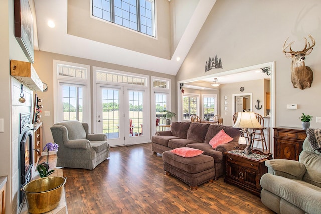 672 66th St, South Haven, MI 49090 - living area with dark wood-style flooring and a towering ceiling