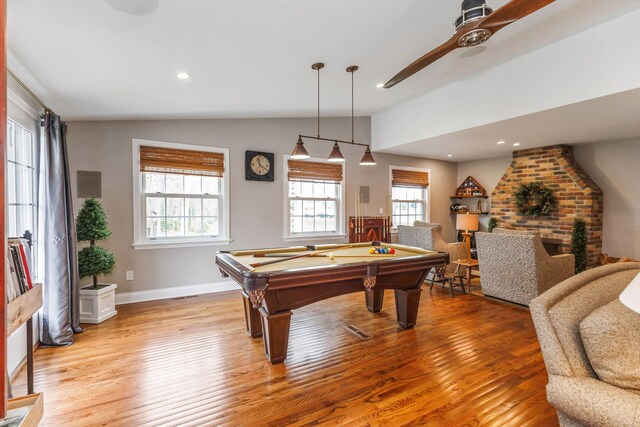 328 E 650 S, La Porte, IN 46350 - rec room featuring billiards, a ceiling fan, wood finished floors, baseboards, and lofted ceiling