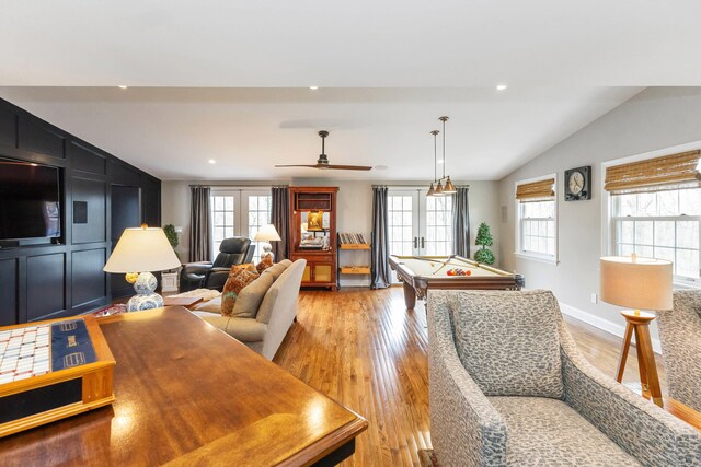 328 E 650 S, La Porte, IN 46350 - living area with lofted ceiling, baseboards, ceiling fan, pool table, and light wood-style flooring