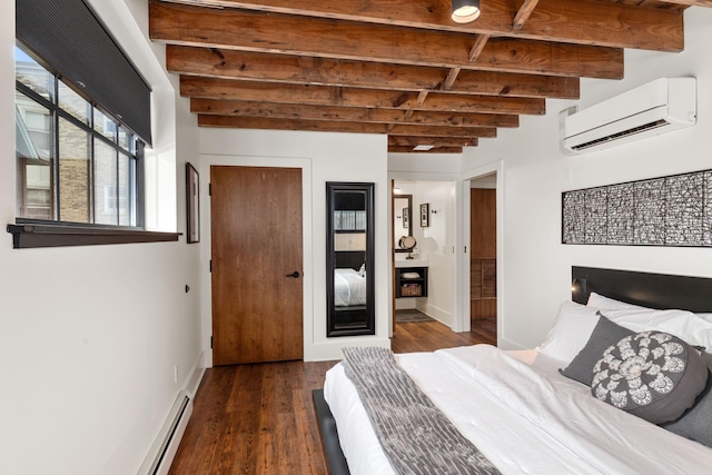 22 Jefferson Ave SE, Grand Rapids, MI 49503 - bedroom with a wall mounted AC, beam ceiling, dark wood-style floors, and baseboards