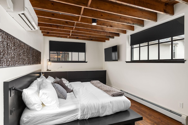 22 Jefferson Ave SE, Grand Rapids, MI 49503 - bedroom with baseboard heating, a wall unit AC, multiple windows, beam ceiling, and wood finished floors