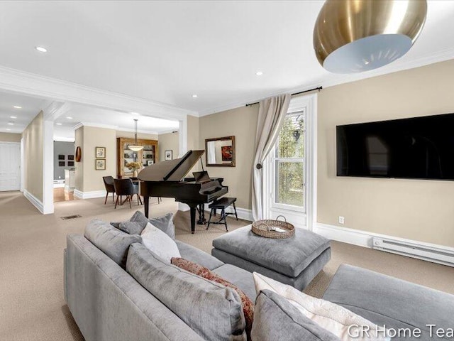 22 Jefferson Ave SE, Grand Rapids, MI 49503 - living area featuring light colored carpet, crown molding, baseboards, a baseboard radiator, and recessed lighting
