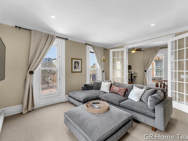 22 Jefferson Ave SE, Grand Rapids, MI 49503 - living area with crown molding, a ceiling fan, carpet floors, and recessed lighting