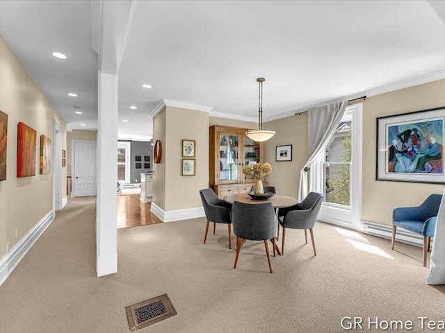 22 Jefferson Ave SE, Grand Rapids, MI 49503 - dining space featuring carpet flooring, baseboards, ornamental molding, a baseboard heating unit, and recessed lighting