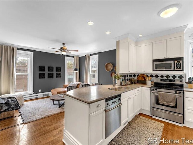 22 Jefferson Ave SE, Grand Rapids, MI 49503 - kitchen featuring appliances with stainless steel finishes, a sink, a peninsula, ceiling fan, and white cabinetry