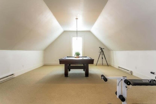 22 Jefferson Ave SE, Grand Rapids, MI 49503 - rec room with a baseboard radiator, light colored carpet, vaulted ceiling, billiards table, and baseboards