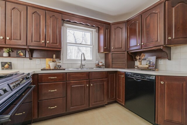 16230 Woodcrest Dr, Spring Lake, MI 49456 - kitchen with tasteful backsplash, a sink, range, light countertops, and black dishwasher