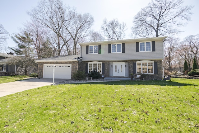 16230 Woodcrest Dr, Spring Lake, MI 49456 - colonial inspired home with an attached garage, brick siding, a front yard, and concrete driveway