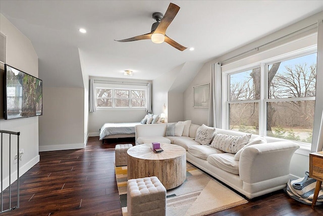 16325 Stones Throw Ln, Union Pier, MI 49129 - living room featuring vaulted ceiling, wood finished floors, ceiling fan, and a healthy amount of sunlight