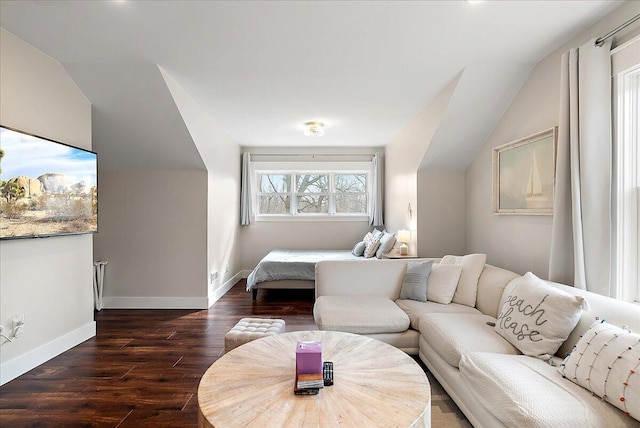 16325 Stones Throw Ln, Union Pier, MI 49129 - bedroom with vaulted ceiling, baseboards, and dark wood-style flooring