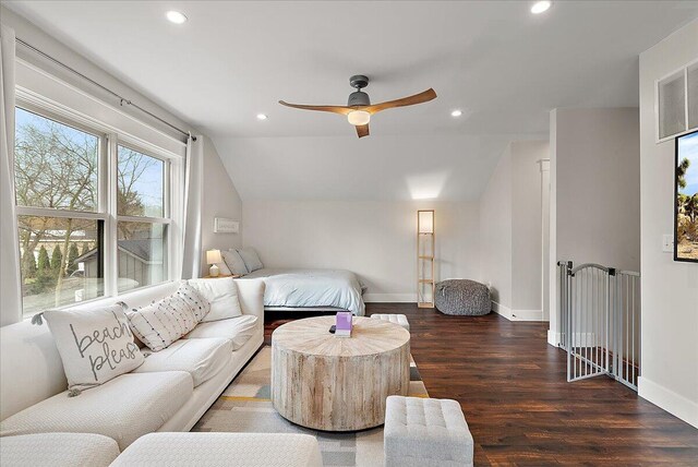 16325 Stones Throw Ln, Union Pier, MI 49129 - bedroom featuring wood finished floors, baseboards, lofted ceiling, visible vents, and recessed lighting