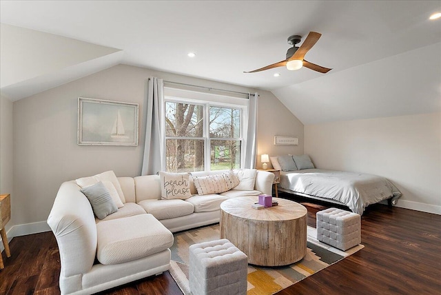 16325 Stones Throw Ln, Union Pier, MI 49129 - bedroom featuring lofted ceiling, a ceiling fan, wood finished floors, and recessed lighting