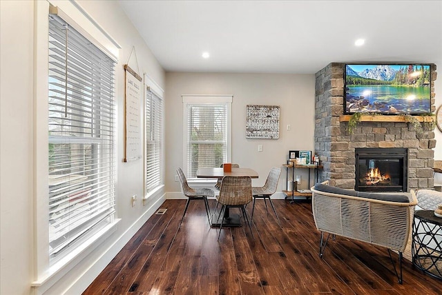 16325 Stones Throw Ln, Union Pier, MI 49129 - sitting room with visible vents, baseboards, recessed lighting, a stone fireplace, and wood-type flooring
