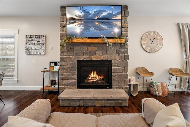 16325 Stones Throw Ln, Union Pier, MI 49129 - living area featuring wood finished floors, baseboards, and a stone fireplace