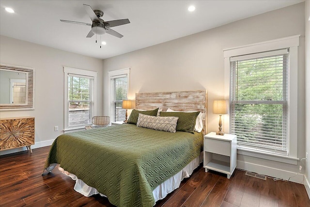 16325 Stones Throw Ln, Union Pier, MI 49129 - bedroom with baseboards, recessed lighting, visible vents, ceiling fan, and hardwood / wood-style floors
