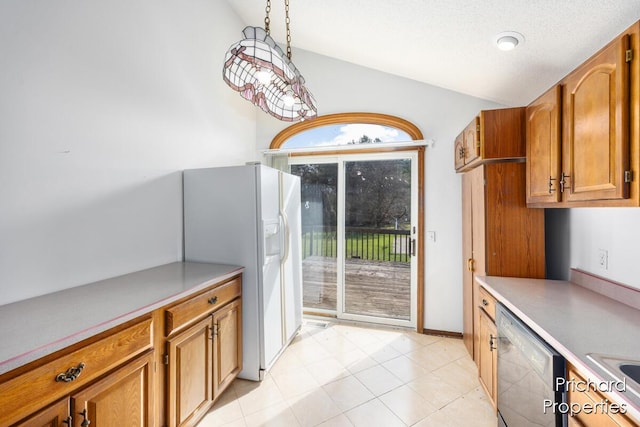 kitchen with light countertops, vaulted ceiling, brown cabinets, dishwasher, and white fridge with ice dispenser