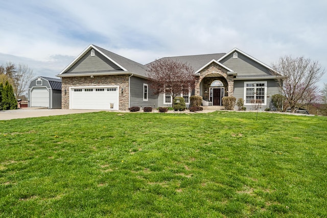 craftsman-style house featuring concrete driveway, a front yard, and stone siding