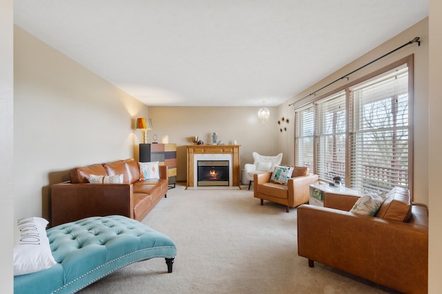 10951 N Waldron Rd, Jerome, MI 49249 - living room featuring a fireplace with flush hearth and light carpet