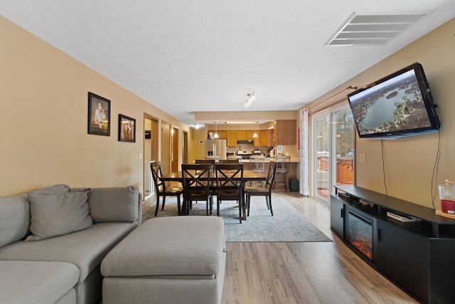 10951 N Waldron Rd, Jerome, MI 49249 - living room featuring a textured ceiling, visible vents, and light wood finished floors