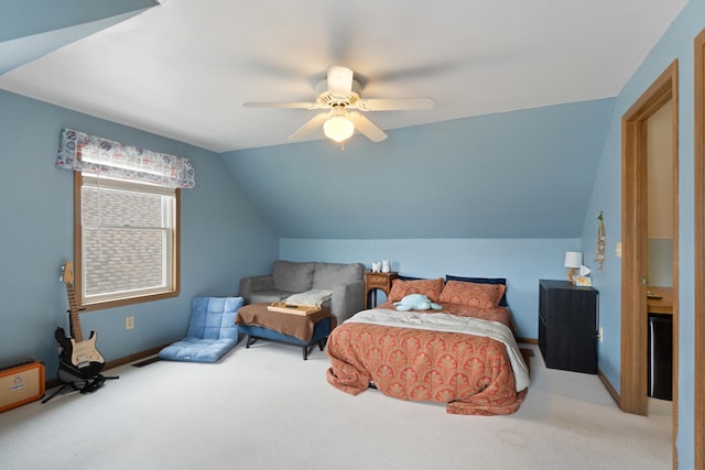 10951 N Waldron Rd, Jerome, MI 49249 - carpeted bedroom featuring lofted ceiling, a ceiling fan, and baseboards