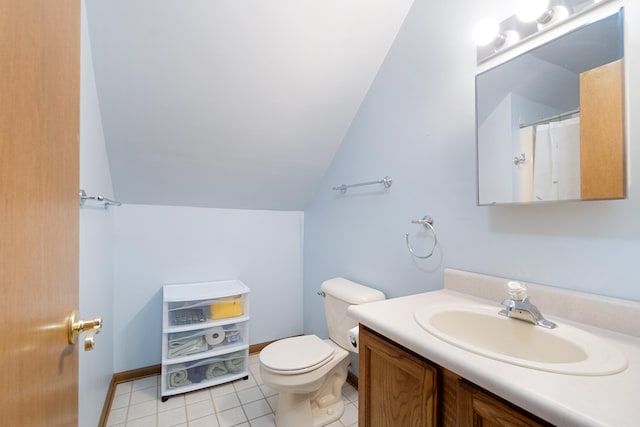 10951 N Waldron Rd, Jerome, MI 49249 - full bathroom with tile patterned flooring, vaulted ceiling, toilet, and vanity
