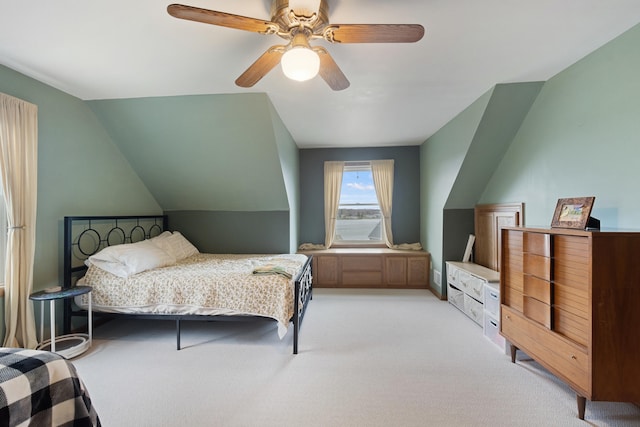 10951 N Waldron Rd, Jerome, MI 49249 - bedroom with light carpet, a ceiling fan, and lofted ceiling