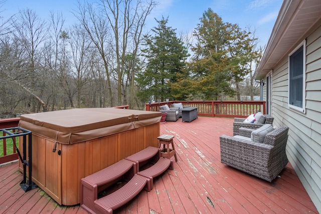 10951 N Waldron Rd, Jerome, MI 49249 - wooden terrace featuring an outdoor living space and a hot tub