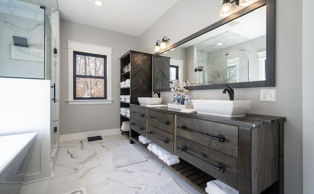 8477 84th St SE, Alto, MI 49302 - full bath with marble finish floor, baseboards, a sink, and a marble finish shower