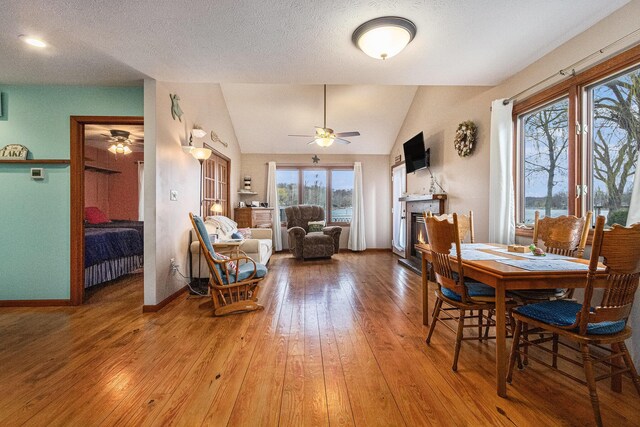66100 Dolans Ave, Vandalia, MI 49095 - dining room featuring a glass covered fireplace, lofted ceiling, hardwood / wood-style flooring, and ceiling fan