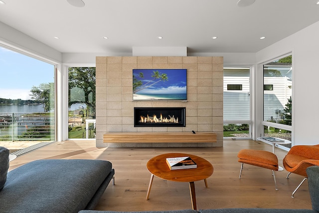 602 Lawn Ave, Holland, MI 49424 - sitting room featuring a healthy amount of sunlight, wood finished floors, a water view, and a fireplace