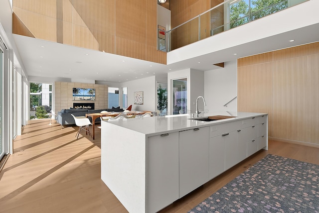 602 Lawn Ave, Holland, MI 49424 - kitchen with a sink, a large fireplace, a towering ceiling, light wood finished floors, and white cabinets