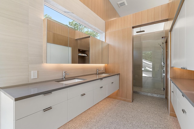 602 Lawn Ave, Holland, MI 49424 - full bathroom featuring visible vents, a sink, double vanity, and a tile shower