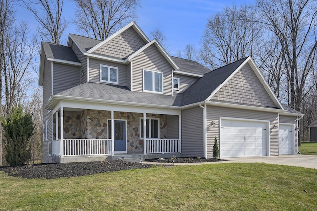 8560 Western Woods Dr, Kalamazoo, MI 49009 - view of front of home with a front lawn, stone siding, a porch, concrete driveway, and a garage