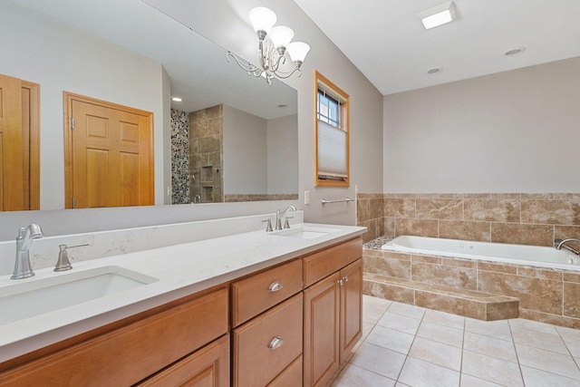 2776 W Hogan Dr, La Porte, IN 46350 - full bath with a bath, double vanity, tile patterned floors, a chandelier, and a tile shower