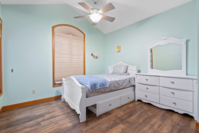 2776 W Hogan Dr, La Porte, IN 46350 - bedroom featuring lofted ceiling, dark wood-type flooring, a ceiling fan, and baseboards
