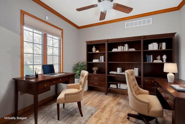2776 W Hogan Dr, La Porte, IN 46350 - home office with light wood-style floors, crown molding, and a ceiling fan