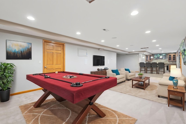 2776 W Hogan Dr, La Porte, IN 46350 - rec room with light carpet, baseboards, recessed lighting, pool table, and bar