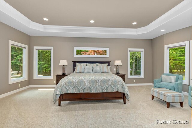 17180 Shore Oaks W Ln, Holland, MI 49424 - carpeted bedroom with a raised ceiling, ornamental molding, and recessed lighting