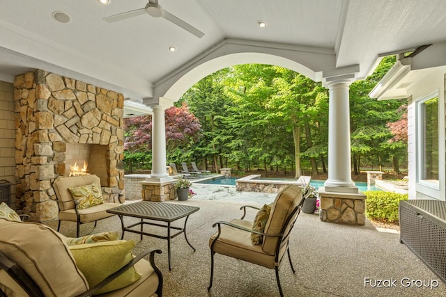 17180 Shore Oaks W Ln, Holland, MI 49424 - view of patio featuring an outdoor living space with a fireplace, ceiling fan, and an outdoor pool
