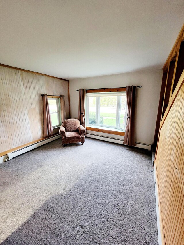 unfurnished room featuring wood walls, carpet flooring, and a baseboard radiator