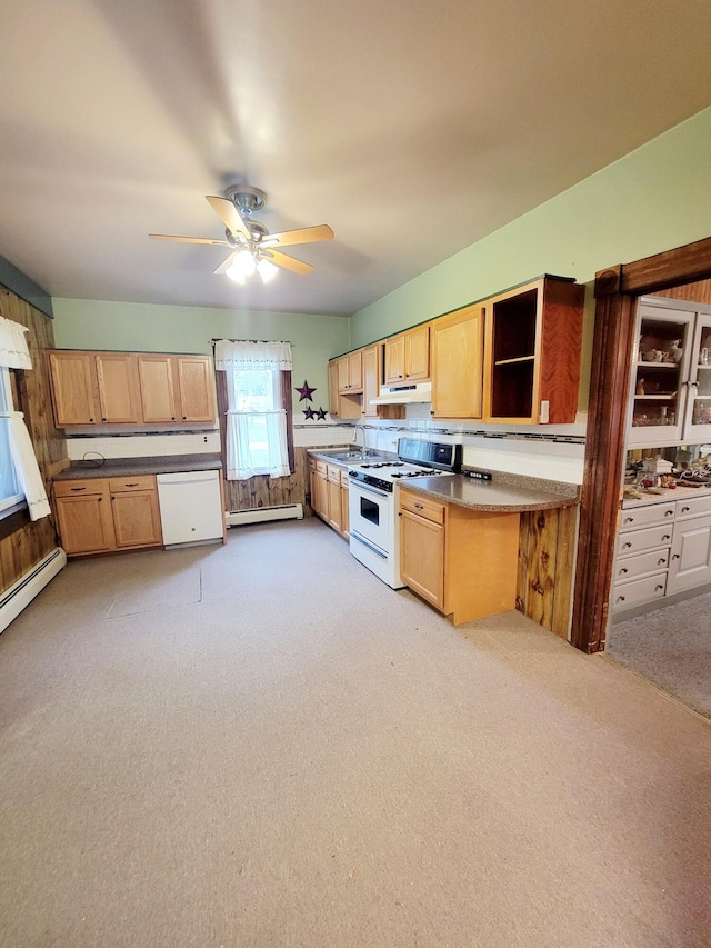 kitchen featuring open shelves, baseboard heating, under cabinet range hood, light carpet, and white appliances
