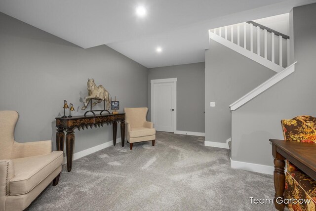8393 Woodhaven Dr SW Unit 01, Byron Center, MI 49315 - sitting room with baseboards, carpet floors, recessed lighting, and stairway