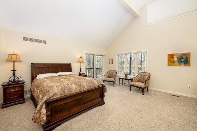 carpeted bedroom featuring high vaulted ceiling, baseboards, and visible vents