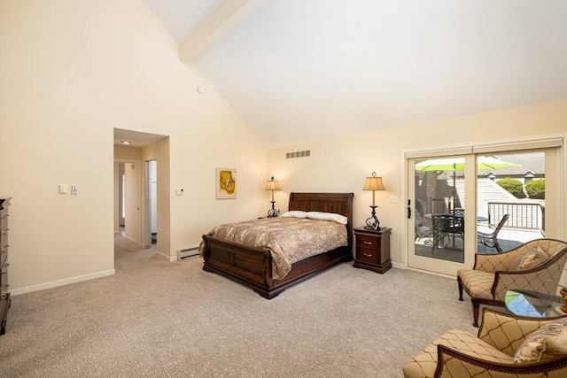 bedroom featuring a baseboard heating unit, access to exterior, baseboards, light colored carpet, and high vaulted ceiling