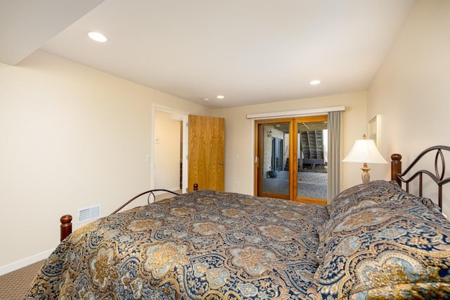 carpeted bedroom with recessed lighting, visible vents, baseboards, and access to outside