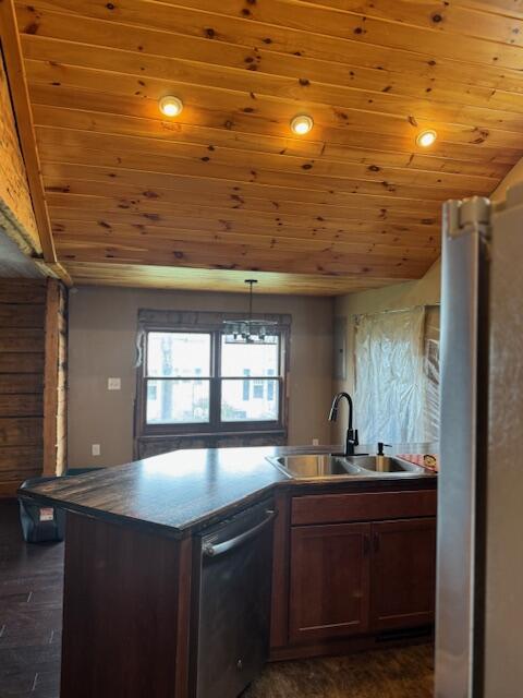 314 W Main, Whitehall, MI 49461 - kitchen featuring wooden ceiling, dishwasher, a sink, dark wood-type flooring, and dark countertops