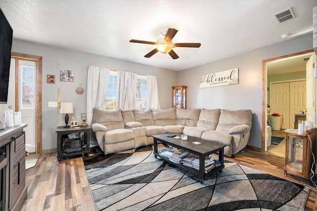 103 S Leeth St, White Pigeon, MI 49099 - living room with plenty of natural light, wood finished floors, visible vents, and ceiling fan