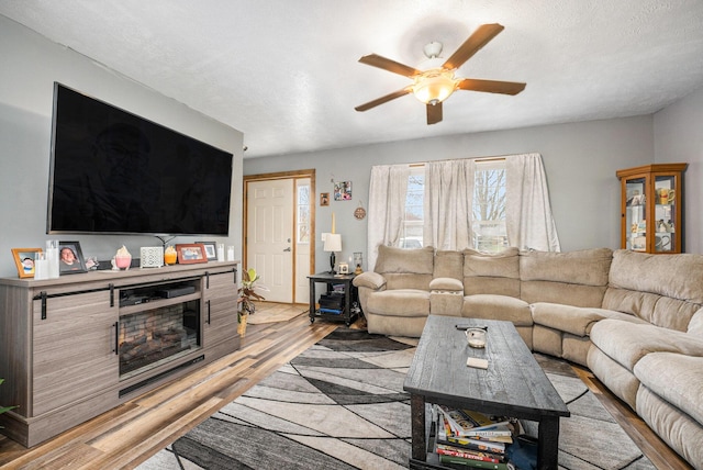 103 S Leeth St, White Pigeon, MI 49099 - living room featuring a glass covered fireplace, light wood-type flooring, and ceiling fan