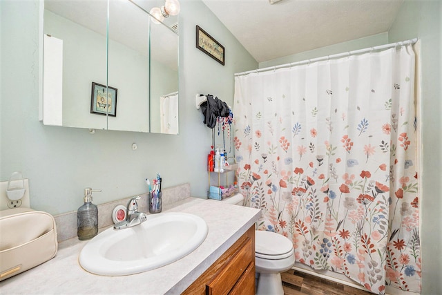 103 S Leeth St, White Pigeon, MI 49099 - full bath featuring wood finished floors, vanity, a shower with shower curtain, and toilet