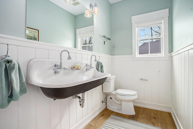 half bathroom featuring wood finished floors, toilet, a wainscoted wall, and a sink